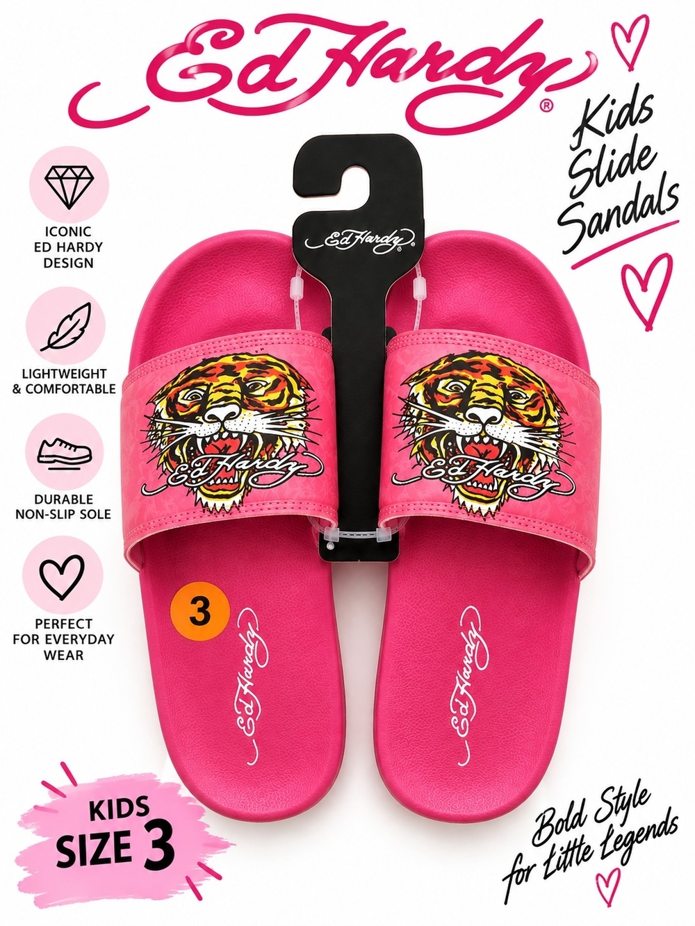 NWT Ed Hardy Kids Pink Tiger Slide Sandals - Size 3